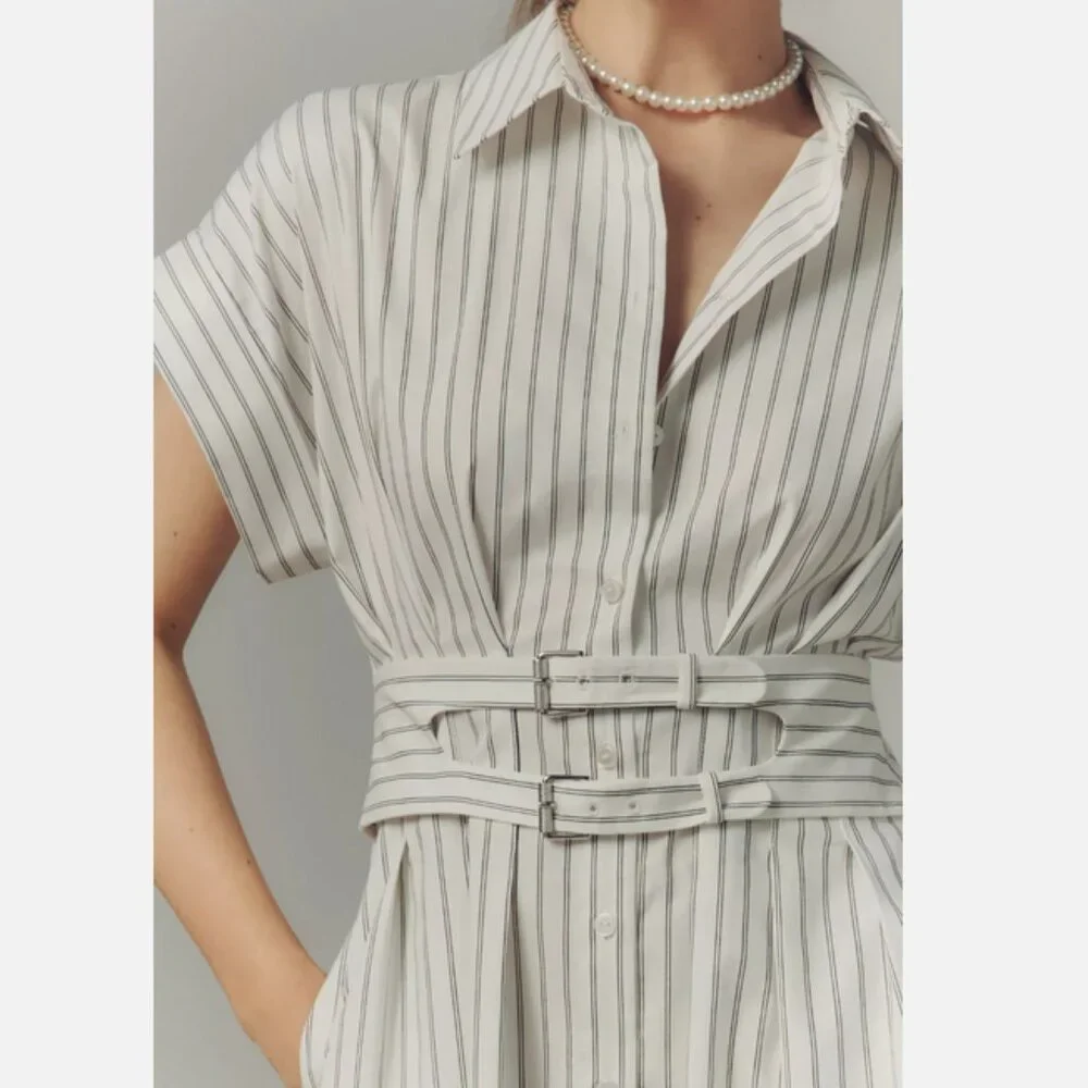Anthropologie The Tobie Double Buckle Shirt Dress by Exquise Pinstripe M NWT - Picture 4 of 8
